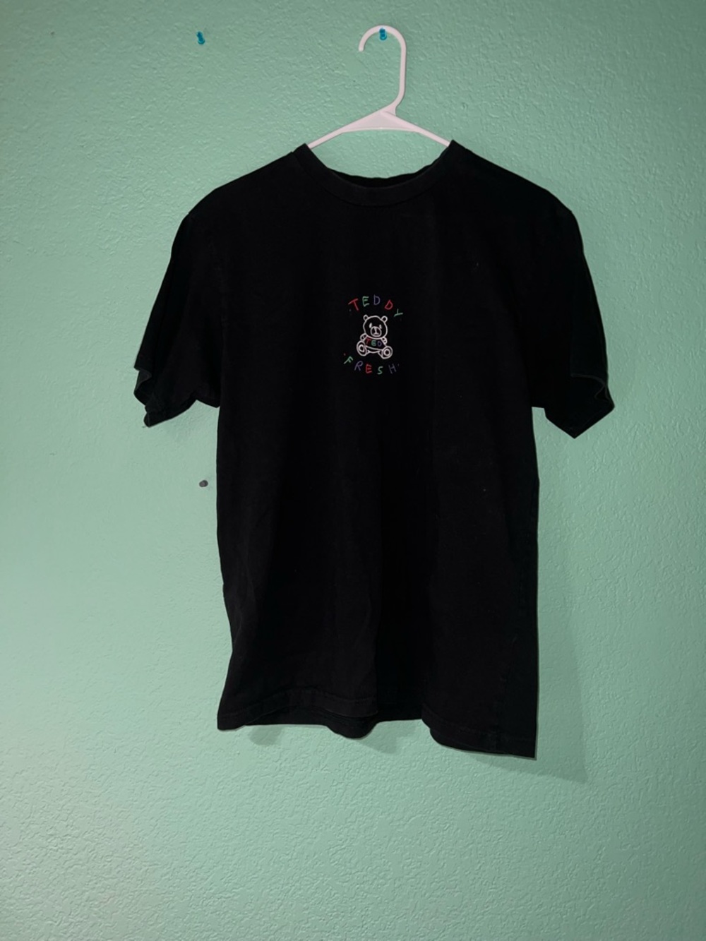 Teddy Fresh Black Tee with Mini Embroidered Bear - Multicolored Letters